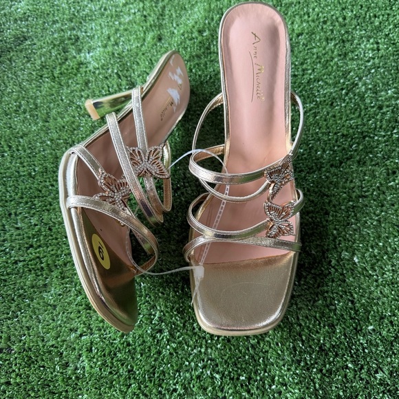 Women’s Size 9 Anne Michelle MetallicGold Strappy Heels Butterflies - Picture 1 of 4
